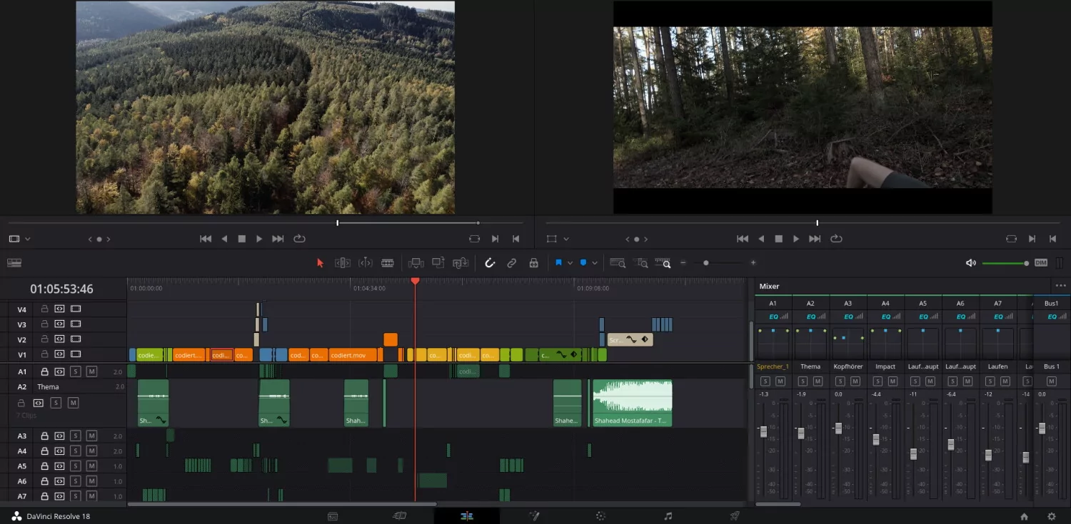 Eine Timeline aus dem Schnittprogramm Davinci Resolve ist mit Clips des Dead Murder Films zu sehen