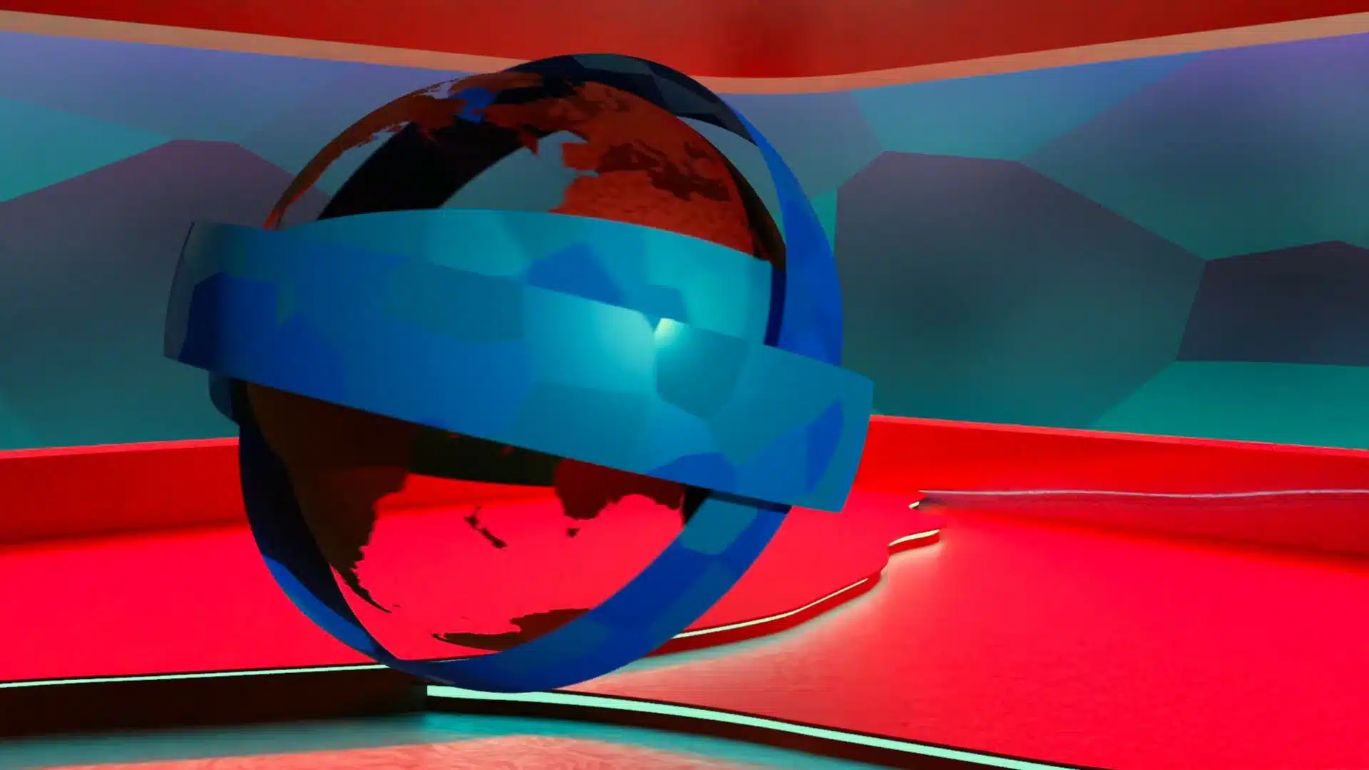 Eine Weltkugel mit Ringen schwebt vor einem rot-blauen Studiohintergrund.