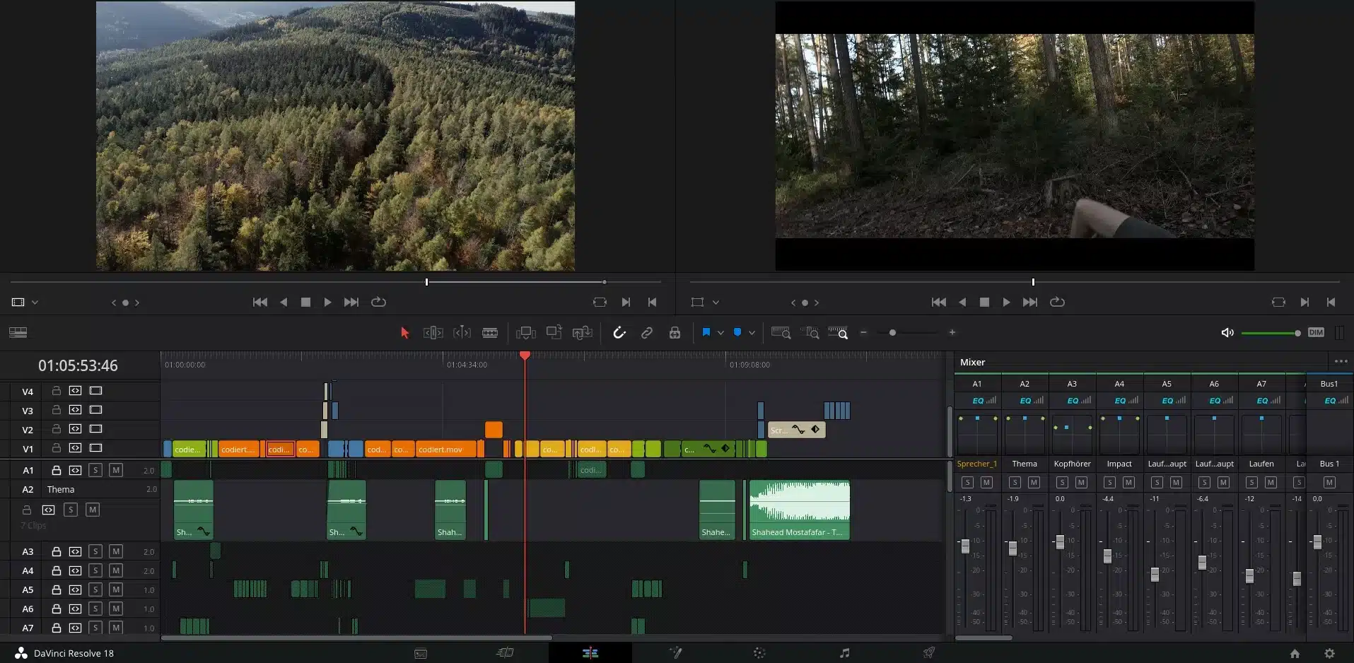Eine Timeline aus dem Schnittprogramm DavinciResolve ist mit Clips des Dead Murder Films zu sehen